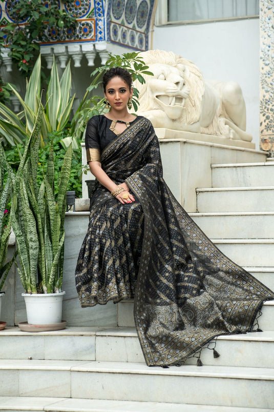 Black Tussar Silk Jamdani Weaving Zari Woven Saree