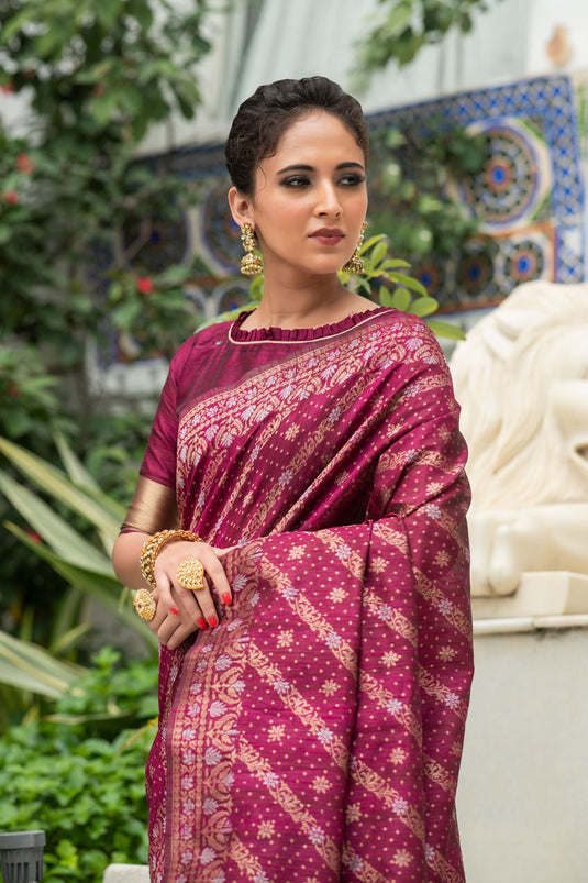 Wine Tussar Silk Jamdani Weaving Zari Woven Saree