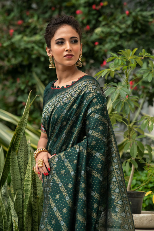 Green Tussar Silk Jamdani Weaving Zari Woven Saree