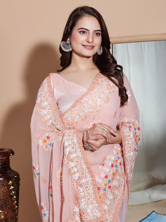 Peach Soft Georgette Thread Embroidered Work Saree