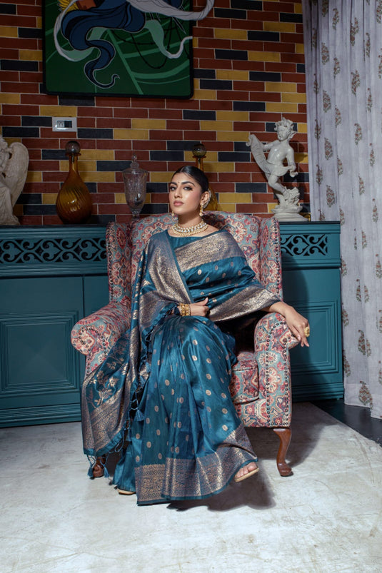 Teal Blue Banarasi Raw Silk Zari Weaving Traditional Saree