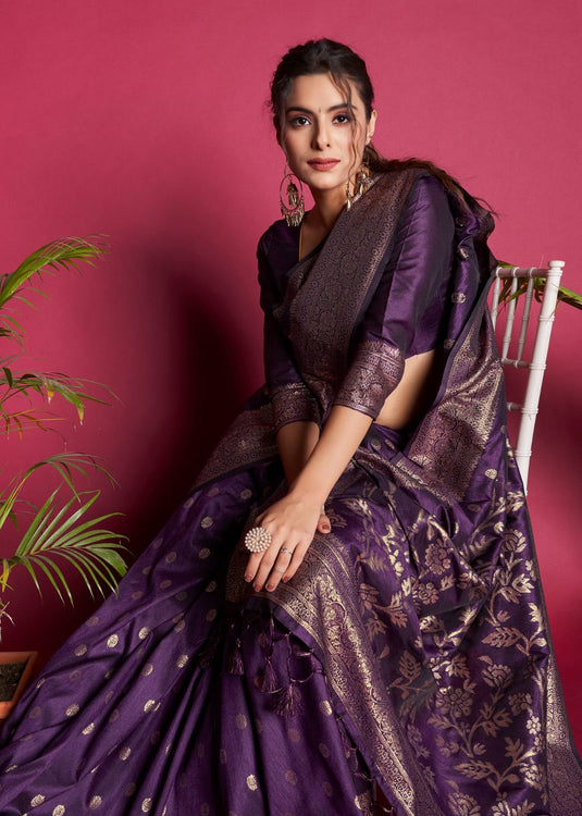 Purple Banarasi Raw Silk Zari Weaving Traditional Saree