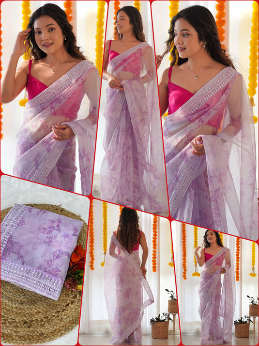 Lavender Organza Silk Floral Digital Printed Thread And Sequence Embroidered Work Saree