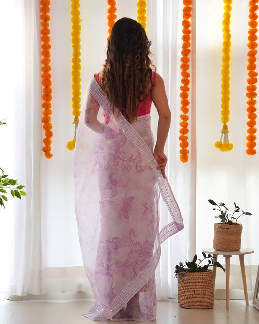 Lavender Organza Silk Floral Digital Printed Thread And Sequence Embroidered Work Saree