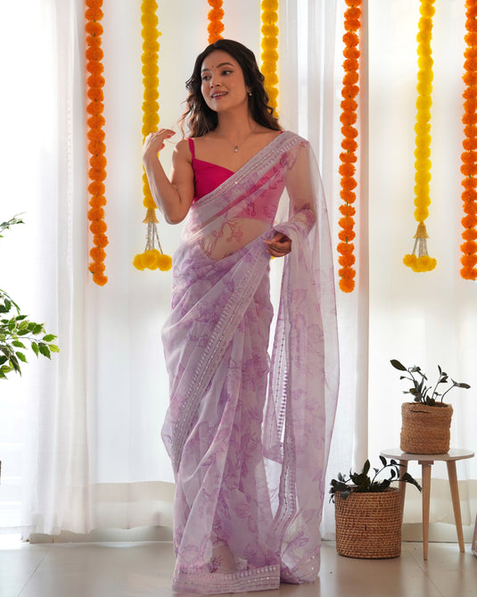 Lavender Organza Silk Floral Digital Printed Thread And Sequence Embroidered Work Saree