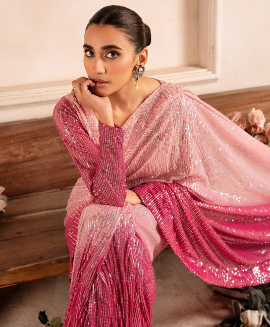 Pink Sequence Embroidered Ombre Cocktail Wear Saree