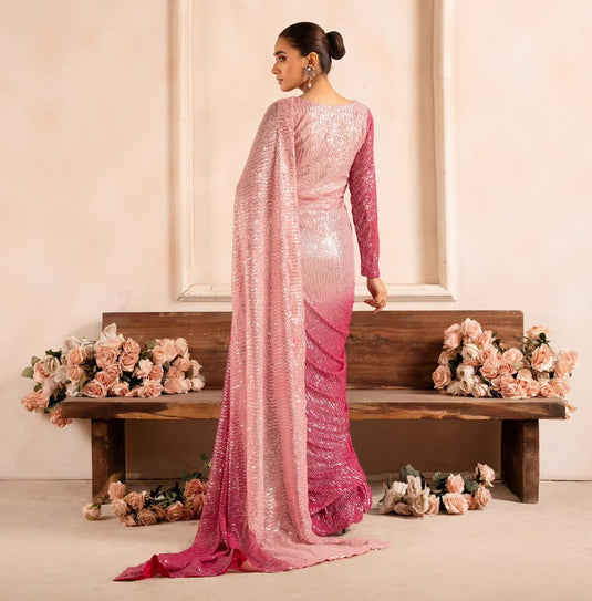 Pink Sequence Embroidered Ombre Cocktail Wear Saree