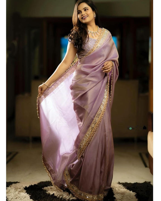 Pastel Pink Tissue Silk Mirror Work Border Saree