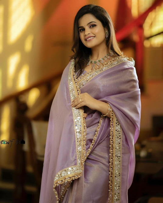 Pastel Pink Tissue Silk Mirror Work Border Saree