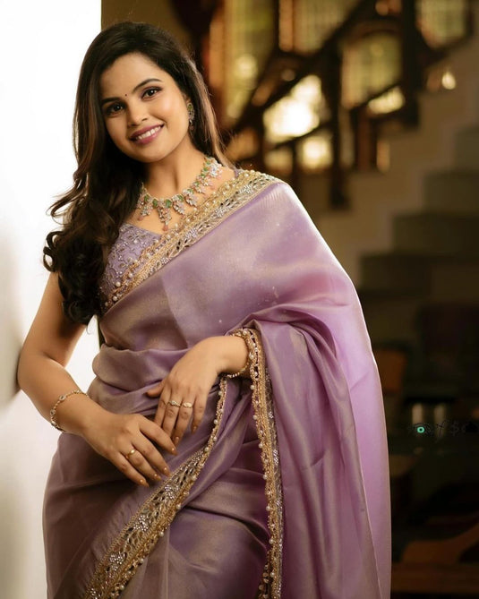 Pastel Pink Tissue Silk Mirror Work Border Saree