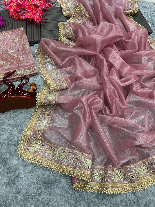 Pastel Pink Tissue Silk Mirror Work Border Saree