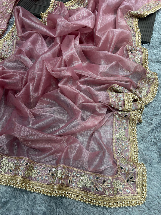 Pastel Pink Tissue Silk Mirror Work Border Saree