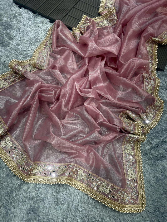 Pastel Pink Tissue Silk Mirror Work Border Saree