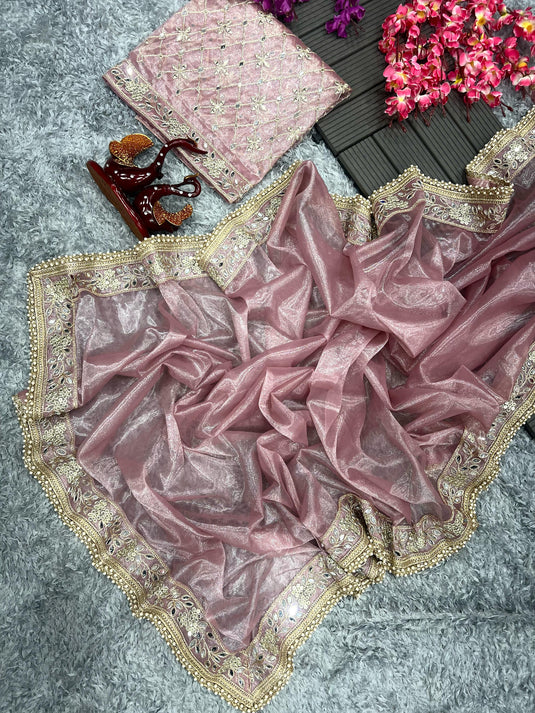 Pastel Pink Tissue Silk Mirror Work Border Saree