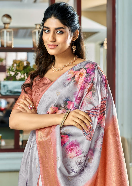 Grey Pure Handloom Kotha Silk Floral Printed Zari Weaving Saree