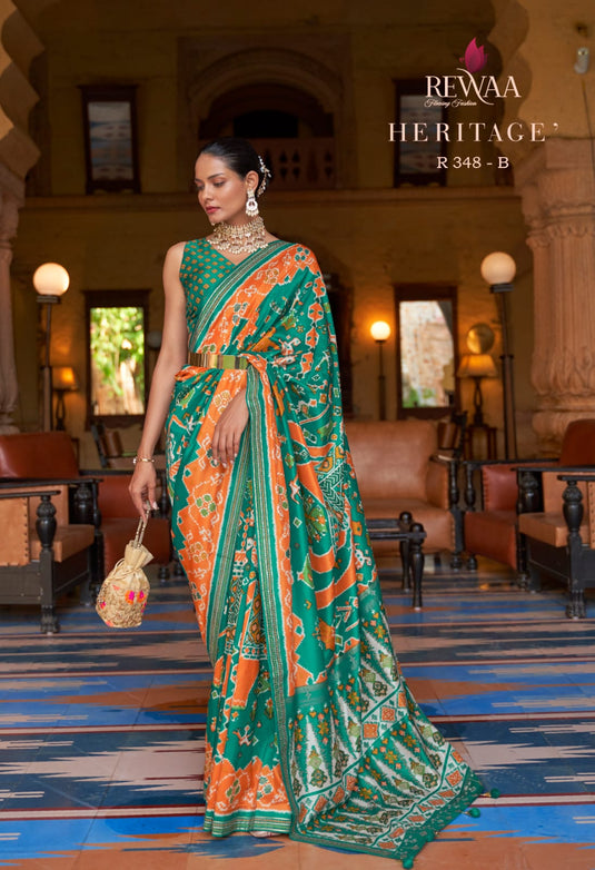 Green Pure Silk Designer Patola Printed Traditional Saree