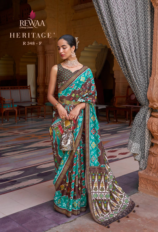 Brown Pure Silk Designer Patola Printed Traditional Saree