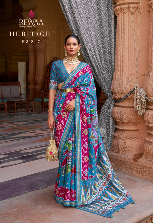 Blue Pure Silk Designer Patola Printed Traditional Saree