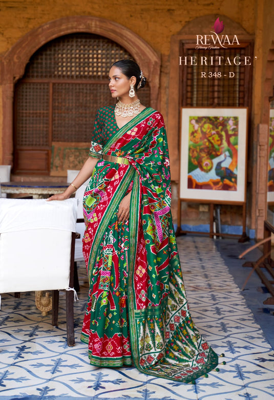 Dark Green Pure Silk Designer Patola Printed Traditional Saree