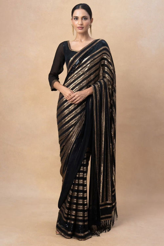 Black Premium Soft Georgette Sequence Embroidered Work Saree