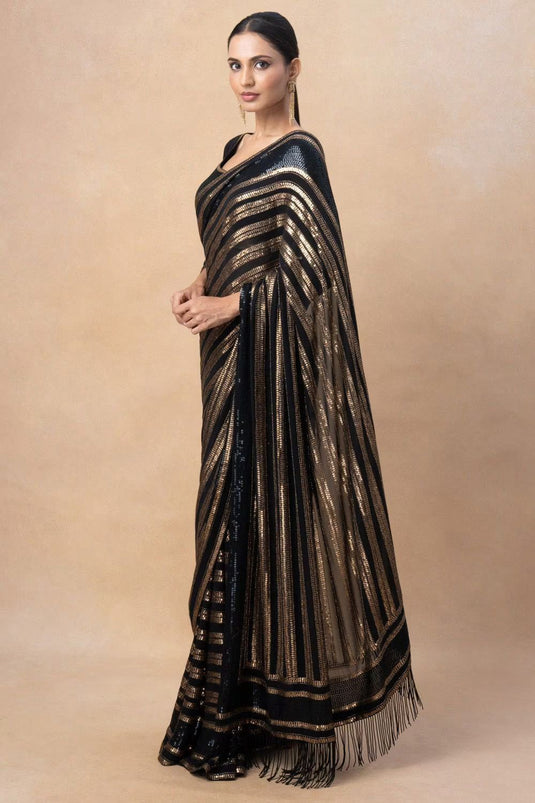 Black Premium Soft Georgette Sequence Embroidered Work Saree