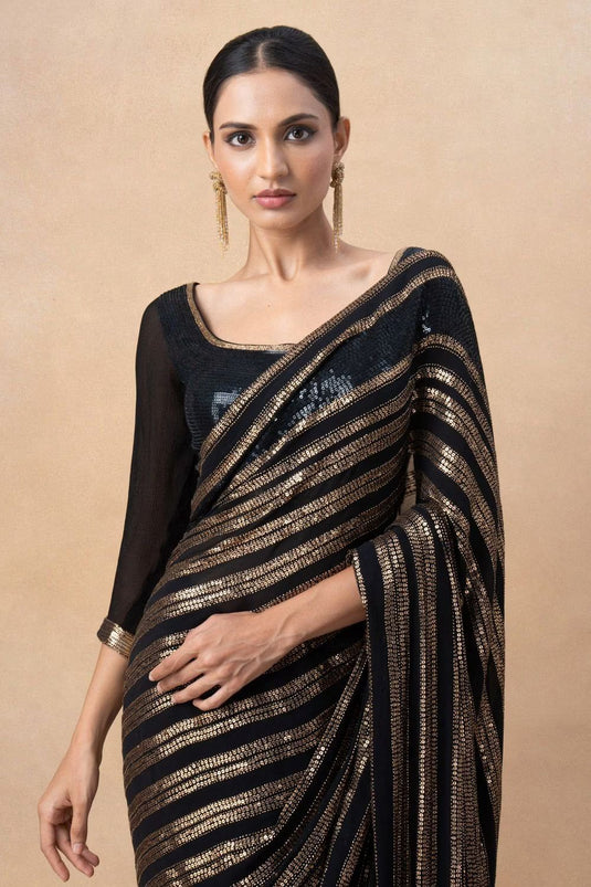 Black Premium Soft Georgette Sequence Embroidered Work Saree