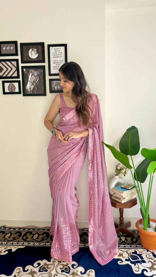 Onion Pink Latest Heavy Georgette Sequence Embroidered Work Saree