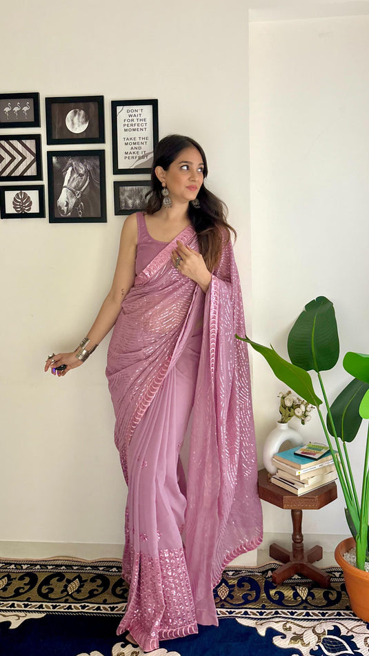 Onion Pink Latest Heavy Georgette Sequence Embroidered Work Saree