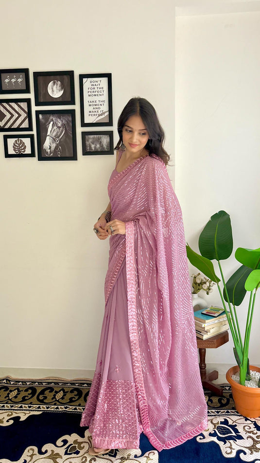 Onion Pink Latest Heavy Georgette Sequence Embroidered Work Saree