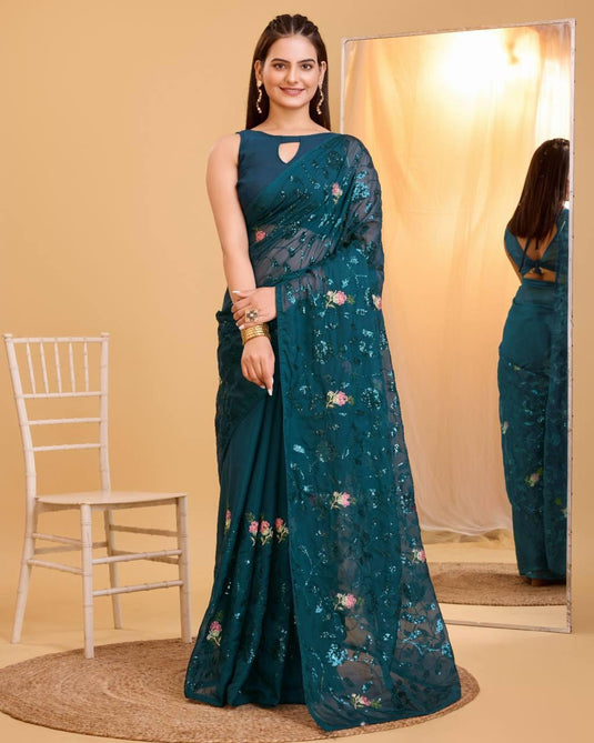 Teal Blue Taby Organza Silk Sequence Embroidered Wokr Saree