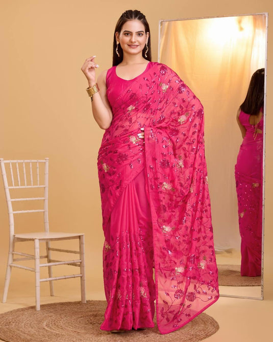 Pink Taby Organza Silk Sequence Embroidered Wokr Saree