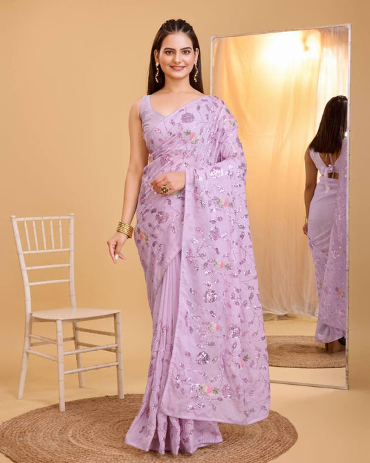 Lavender Taby Organza Silk Sequence Embroidered Wokr Saree