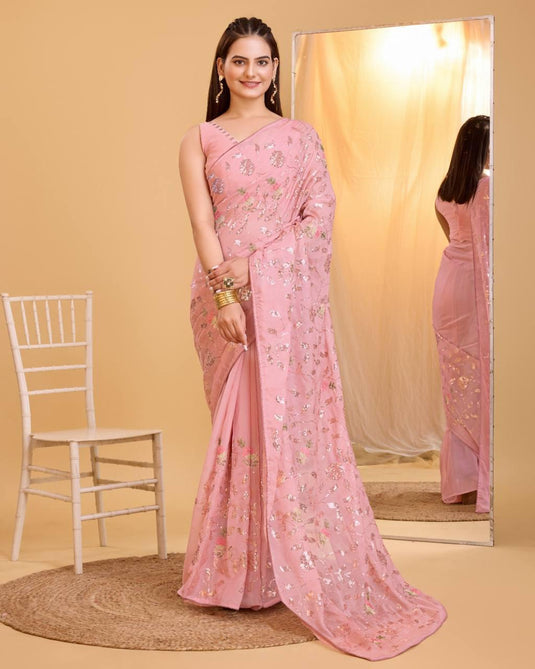 Light Pink Taby Organza Silk Sequence Embroidered Wokr Saree