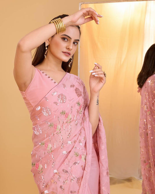 Light Pink Taby Organza Silk Sequence Embroidered Wokr Saree