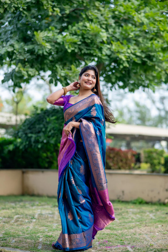 Blue Soft Banarasi Silk Zari Weaving Pattern Saree