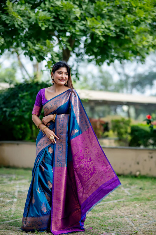 Blue Soft Banarasi Silk Zari Weaving Pattern Saree