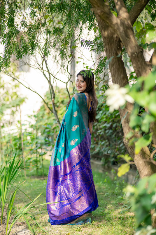 Sea Green Soft Banarasi Silk Zari Weaving Pattern Saree