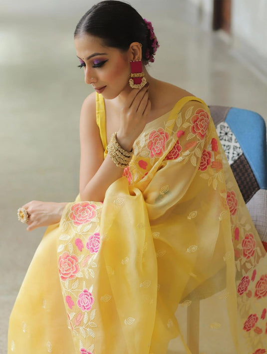 Yellow Elegant Pure Organza Thread Embroidered Saree