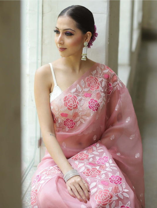 Pink Elegant Pure Organza Thread Embroidered Saree