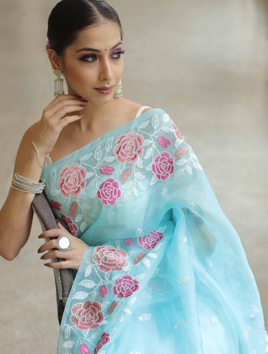 Sky Blue Elegant Pure Organza Thread Embroidered Saree