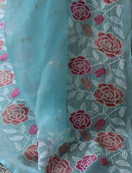 Sky Blue Elegant Pure Organza Thread Embroidered Saree