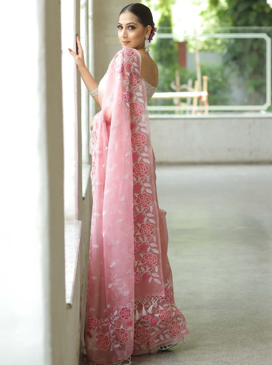 Pink Elegant Pure Organza Thread Embroidered Saree