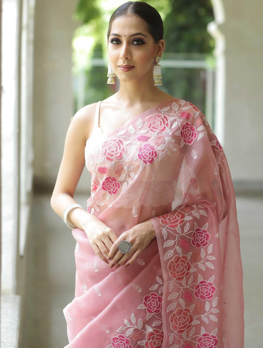 Pink Elegant Pure Organza Thread Embroidered Saree