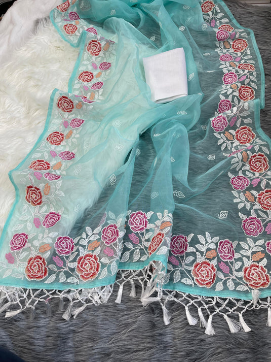 Sky Blue Elegant Pure Organza Thread Embroidered Saree