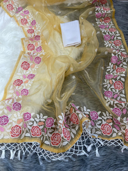 Yellow Elegant Pure Organza Thread Embroidered Saree