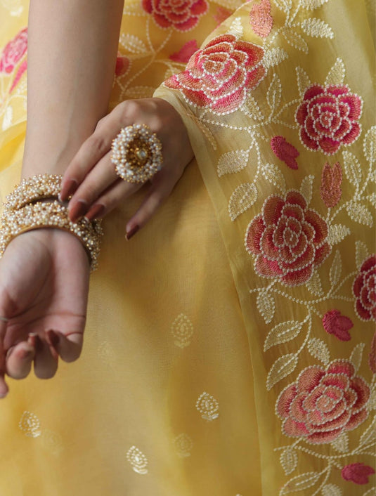 Yellow Elegant Pure Organza Thread Embroidered Saree