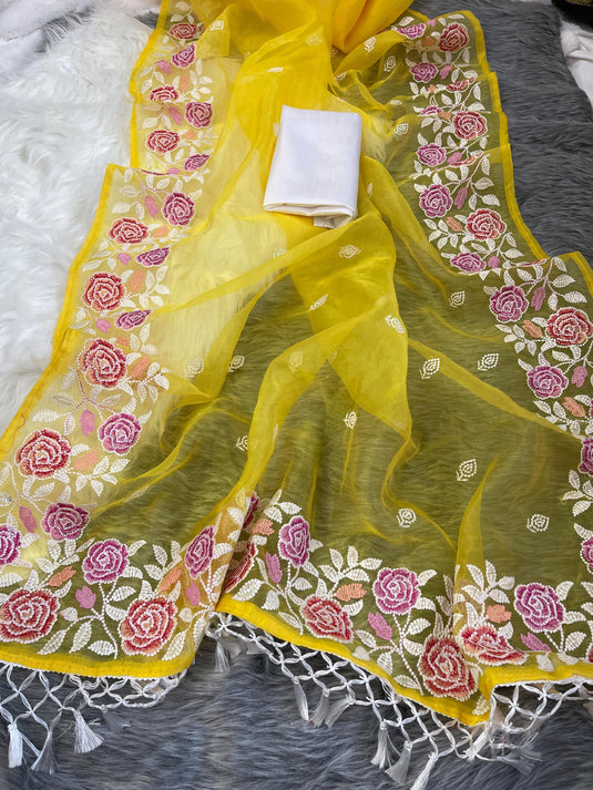 Yellow Elegant Pure Organza Thread Embroidered Saree