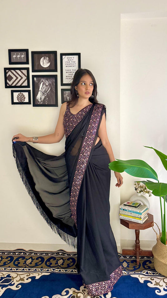 Black Heavy Georgette Sequence Embroidered Work Saree