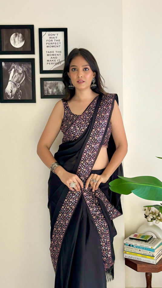 Black Heavy Georgette Sequence Embroidered Work Saree