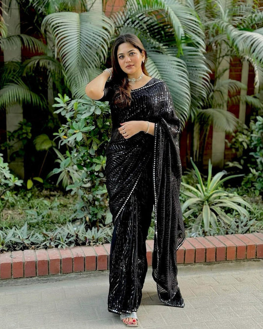 Black Trendy Georgette Sequence Embroidered Cocktail Wear Saree